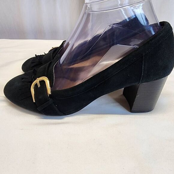 Adrienne Vittadini Black Suede Ginty Pumps Size 7.5 Block Heel Loafer Buckle - Picture 5 of 11